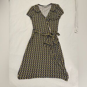 Boden Geometric Yellow and Navy Midi Wrap Dress